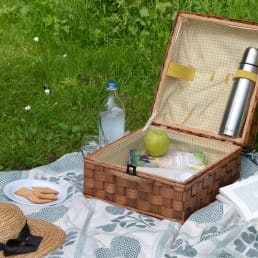 zomer picknick in de polder in Midden-Delfland rieten mand met appel en thermosfles en kleed in weiland en zonnehoed voor zomers picknick