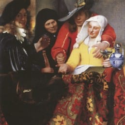 Johannes Vermeer, De koppelaarster, 1656. Links de schilder zelf; voor de jonge vrouw stond waarschijnlijk Catharina Bolnes model.