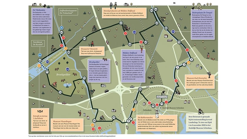 kaart met fietsroute door Midden-Delfland behorende bij de tentoonstelling Levend Landschap in het Stedelijk Museum Schiedam zomer 2022