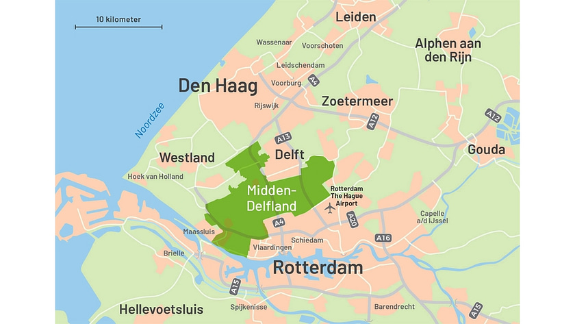 getekende kaart van Midden-Delfland en de regio ligging rotterdam Delft Den Haag Westland 